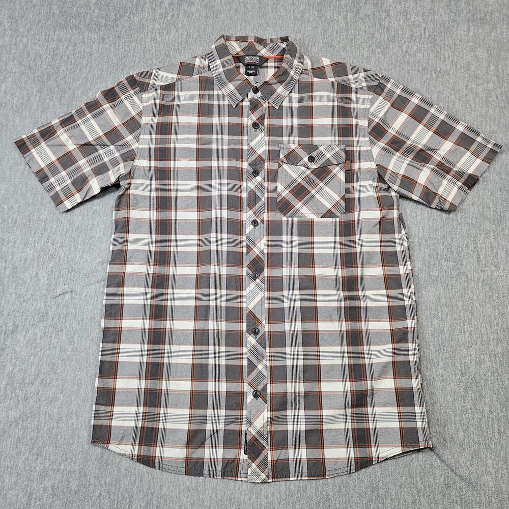 Outdoor Research Shirt Mens Large Gray Pale Ale Plaid Short Sleeve Button Up